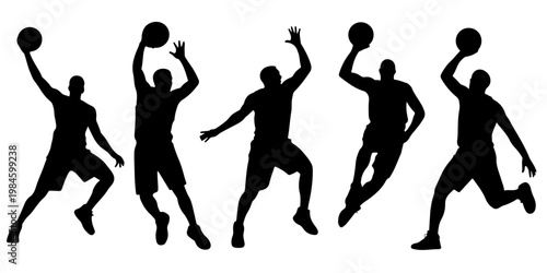 Set of basketball player silhouettes in action poses including shooting, dribbling and passing