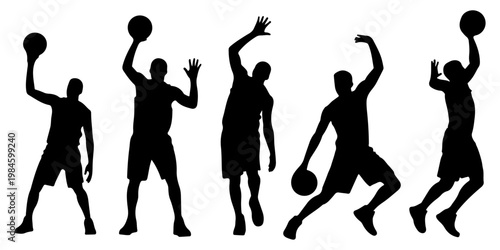 Set of basketball player silhouettes in action poses including shooting, dribbling and passing