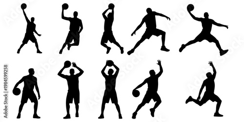 Set of basketball player silhouettes in action poses including shooting, dribbling and passing