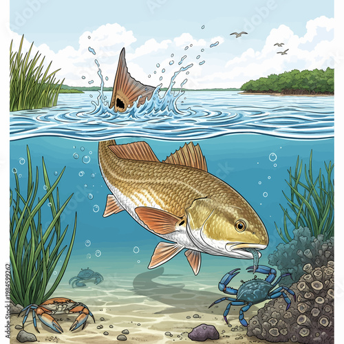 Redfish hunting blue crab in shallow water habitat vector illustration,