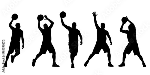 Set of basketball player silhouettes in action poses including shooting, dribbling and passing