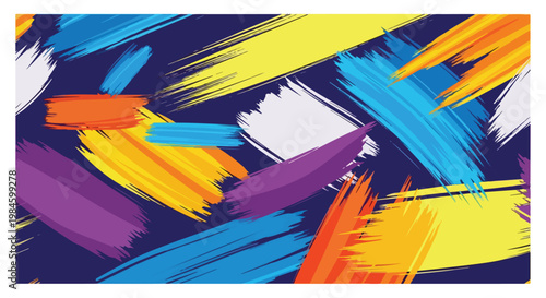 Vivid abstract brush strokes on deep navy background with colorful paint bursts