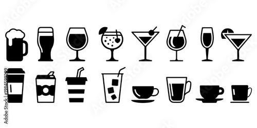 Collection of beverage and drink icons including beer mug, wine glasses, cocktails, soda cans, coffee cups and takeaway drinks