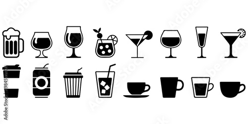 Collection of beverage and drink icons including beer mug, wine glasses, cocktails, soda cans, coffee cups and takeaway drinks