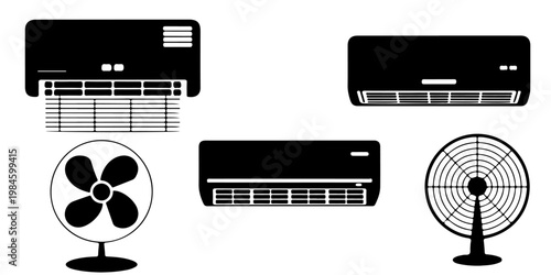 Collection of air conditioner units and electric fan silhouettes including wall mounted cooling systems and ventilation appliances