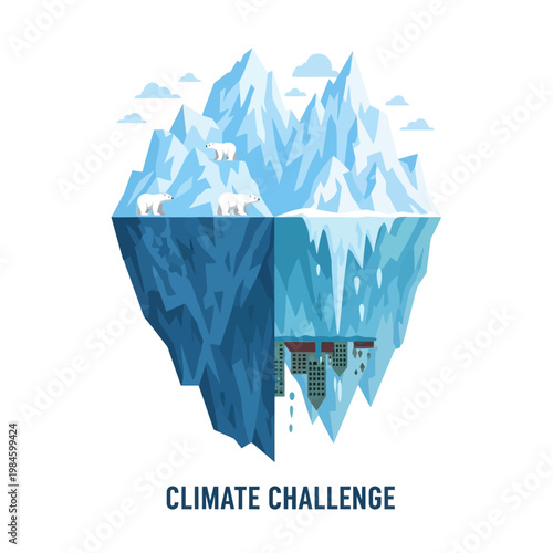Climate Challenge: Melting Iceberg with Polar Bears and City Below