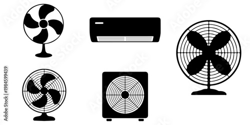 Collection of air conditioner units and electric fan silhouettes including wall mounted cooling systems and ventilation appliances