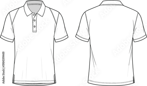 Technical fashion sketch of men's polo shirt with raglan sleeves and button placket front and back view vector apparel flat template for design