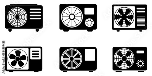 Collection of air conditioner units and electric fan silhouettes including wall mounted cooling systems and ventilation appliances