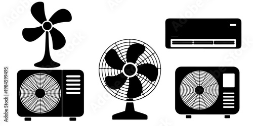Collection of air conditioner units and electric fan silhouettes including wall mounted cooling systems and ventilation appliances