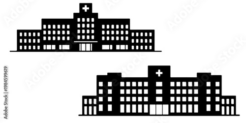Hospital building silhouettes with medical cross symbols including healthcare facilities and clinics
