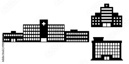 Hospital building silhouettes with medical cross symbols including healthcare facilities and clinics