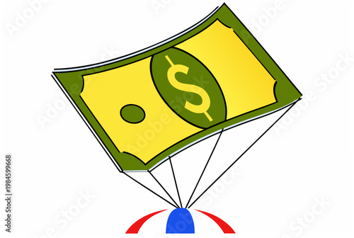 Money banknote falling with parachute. Financial aid, support, crisis, economic assistance concept. Vector illustration for finance design