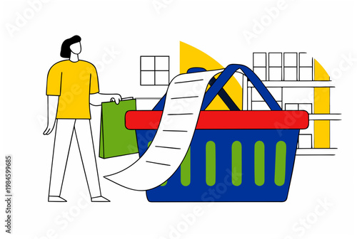 Woman with shopping bag and basket showing a long receipt. Cost of living, inflation, and personal finance concept. Vector illustration