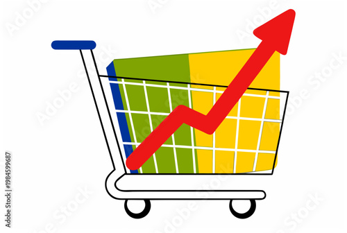 Shopping cart with upward red arrow and products, representing rising prices, inflation, or increasing cost of living. Vector illustration for finance