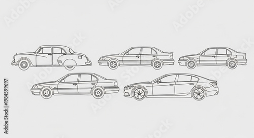 Collection of five classic car sketches in black and white.