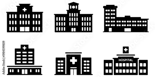 Hospital building silhouettes with medical cross symbols including healthcare facilities and clinics