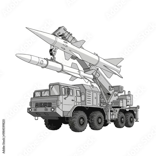 Military missile launcher vehicle transporting two surface-to-air defense missiles in a detailed technical illustration.