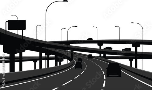 Highway interchange silhouette, urban overpass roads with traffic for transportation infrastructure illustration