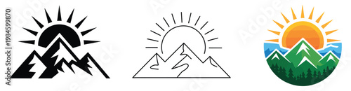 Sunrise over mountain and lake emblem, nature and travel flat vector illustration, outdoor adventure concept, peaceful landscape with water reflection, sunrise scenery, minimal and modern design