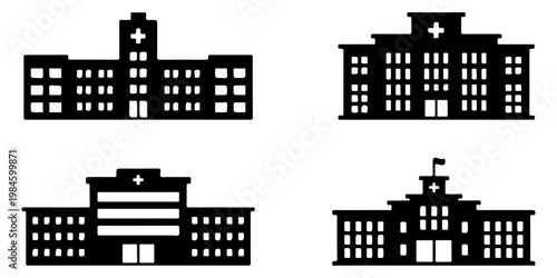 Hospital building silhouettes with medical cross symbols including healthcare facilities and clinics