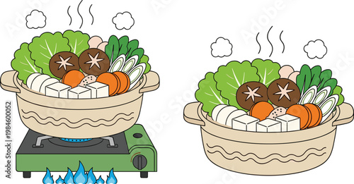 Japanese Hot Pot Cooking Illustration with Nabemono Pot on Gas Stove and Steaming Vegetable Tofu Mushroom Ingredients Traditional Asian Food Vector Set