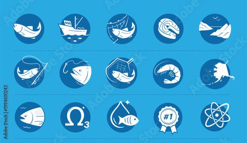 Salmon fish set icons. Perfect for food, pet food and products, omega 3 supplements. The outline icons are well scalable and editable. Contrasting elements are good for different backgrounds. EPS10.