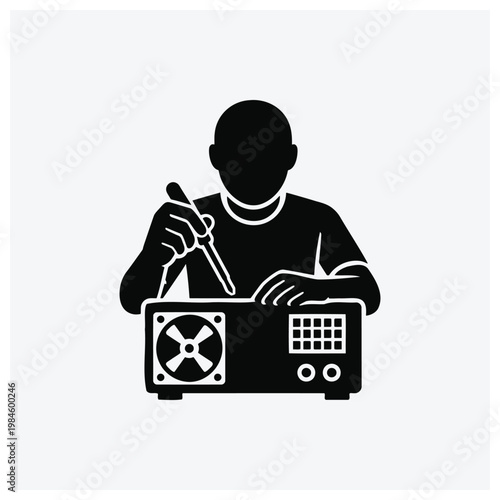 Silhouette of technician repairing computer hardware