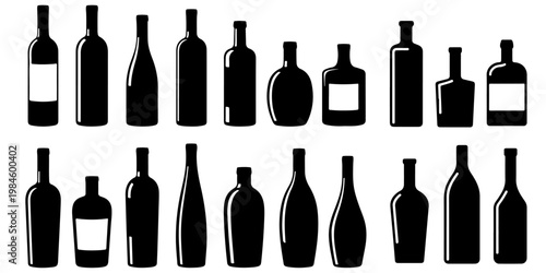 Set of wine glasses and bottles silhouettes including different shapes for red wine, white wine and beer mugs