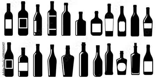 Set of wine glasses and bottles silhouettes including different shapes for red wine, white wine and beer mugs