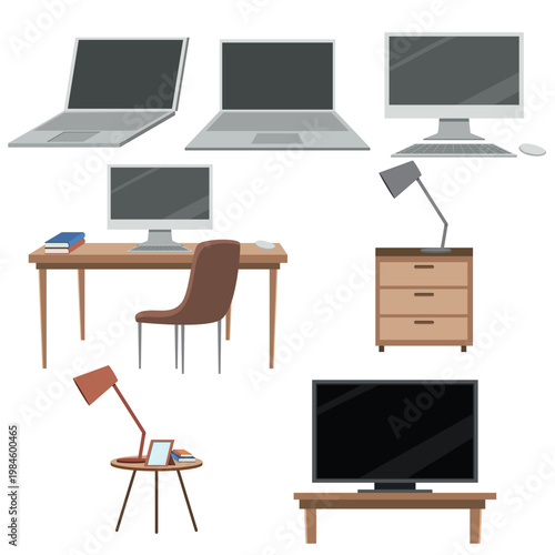 Set Modern Office Workspace Equipment Set with Computer Desk and Furniture Illustration