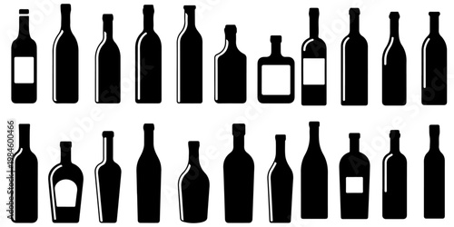 Set of wine glasses and bottles silhouettes including different shapes for red wine, white wine and beer mugs