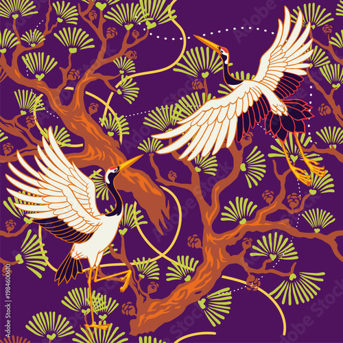 Japanese Pattern Seamless of Bonsai and Heron