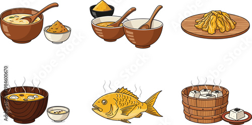 Traditional Asian Food and Ingredients Collection with Soup Rice Fish Noodles and Seasoning Bowls Top View Cooking Vector Illustration Set