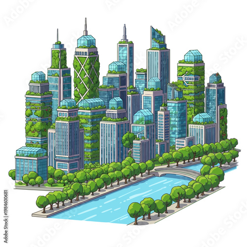 Eco-friendly cityscape with green skyscrapers, river, and trees