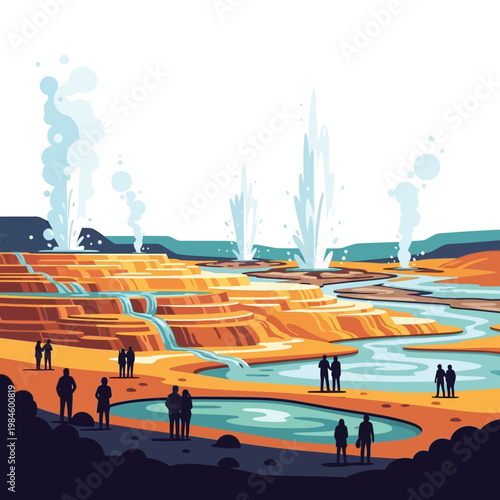 Geothermal Terraces with Geysers Erupting and Tourists Observing Nature