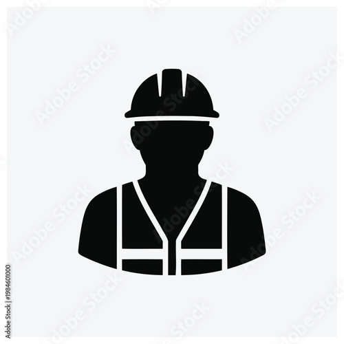 Construction worker silhouette, safety vest, helmet, icon