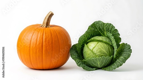 Labuan labu dan kubis hijau segar di atas latar belakang putih untuk konsep sayuran sehat dan makanan alami