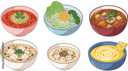 Soup Bowl Collection with Tomato Soup Vegetable Soup Curry Soup and Cream Soup Variety Top View Food Vector Illustration Set