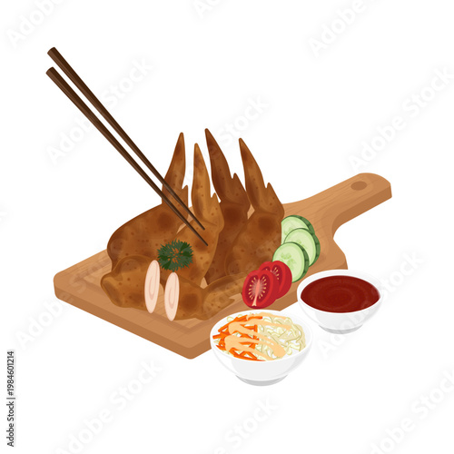 Vector Illustration Logo Clip art Ready to eat Tori no Teba  on a Wooden Plate