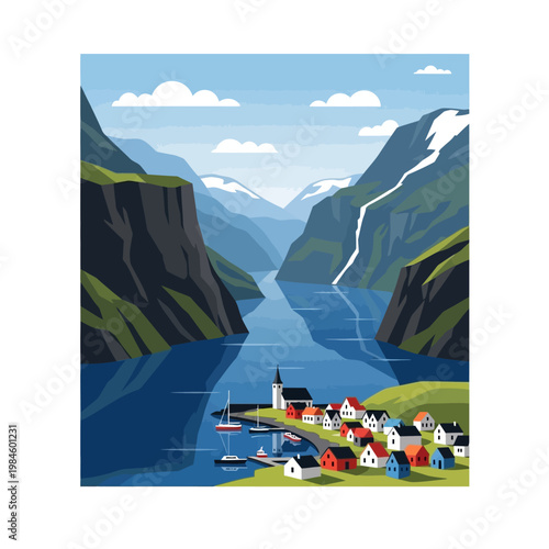 Idyllic Fjord Village with Mountains and Boats