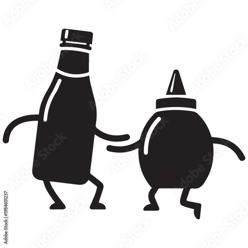 Funny ketchup and mustard bottle characters, cartoon food icons, vector illustration, black and white
