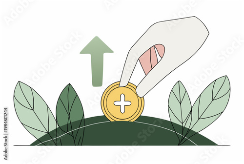 Human hand planting a golden coin with a plus sign into the ground with green leaves and rising arrow. Investment growth concept. Flat vector illustration