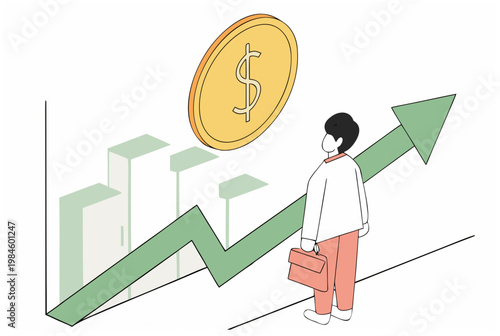 Man with briefcase watching a growing financial chart with dollar coin and upward arrow, concept of first steps in investing. Vector illustration