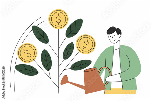 Man watering a money tree with dollar coins growing on it, representing financial growth and investment concept. Vector illustration for finance blog