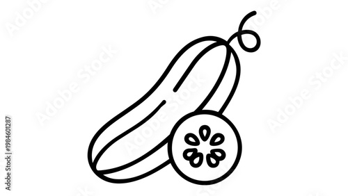 Fresh cucumber and slice vector icon illustration, minimalist black line art of healthy organic vegetables for cooking, salad, and grocery store branding, scalable AI-generated graphic design.