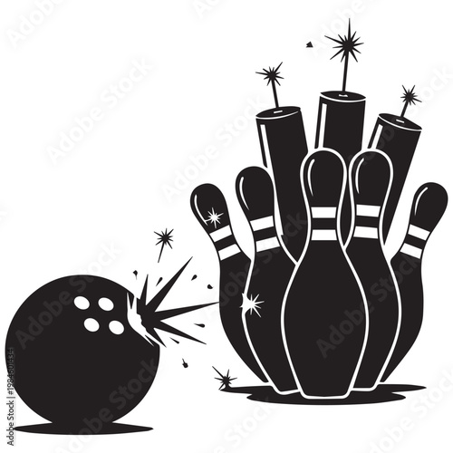 Black bowling ball, crashing into pins, strike illustration, vector graphics, sports icon