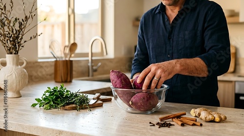 Pria memasak di dapur modern dengan bahan makanan alami seperti ubi manis dan rempah-rempah untuk hidangan sehat dan lezat