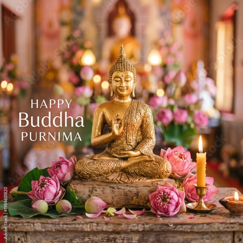 Golden Buddha statue, Happy Buddha Purnima, meditation, zen, spirituality, Buddhist celebration