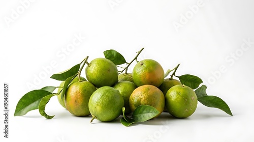 Kelompok jeruk segar dan matang dengan daun hijau terlihat alami untuk konsep bahan buah sehat dan alami di meja makan atau pasar